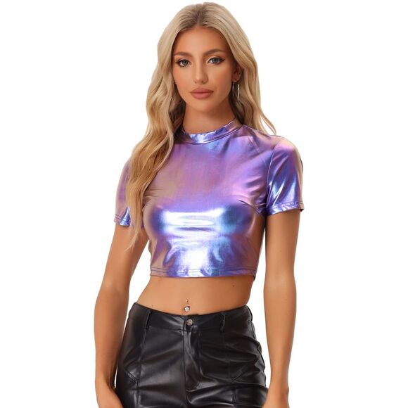 Sparkle Party Tops Short Sleeve Mock Neck Metallic Crop Top Blue - Picture 1 of 6